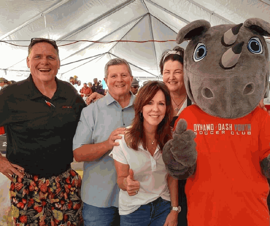Craft Grill Breakfast Club's co-owners and co-founders, from left: Chris O'Donnell, Joe Copus, Patti Copus and Connie O'Donnell, with a visiting mascot. (Courtesy Connie O'Donnell)