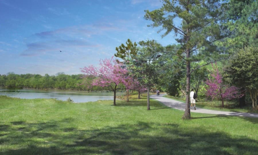 The San Jacinto Greenway will feature hike and bike trails, seating areas, native flora and parking in the former Riverview Townhomes at Forest Cove community. (Rendering courtesy Houston Parks Board)