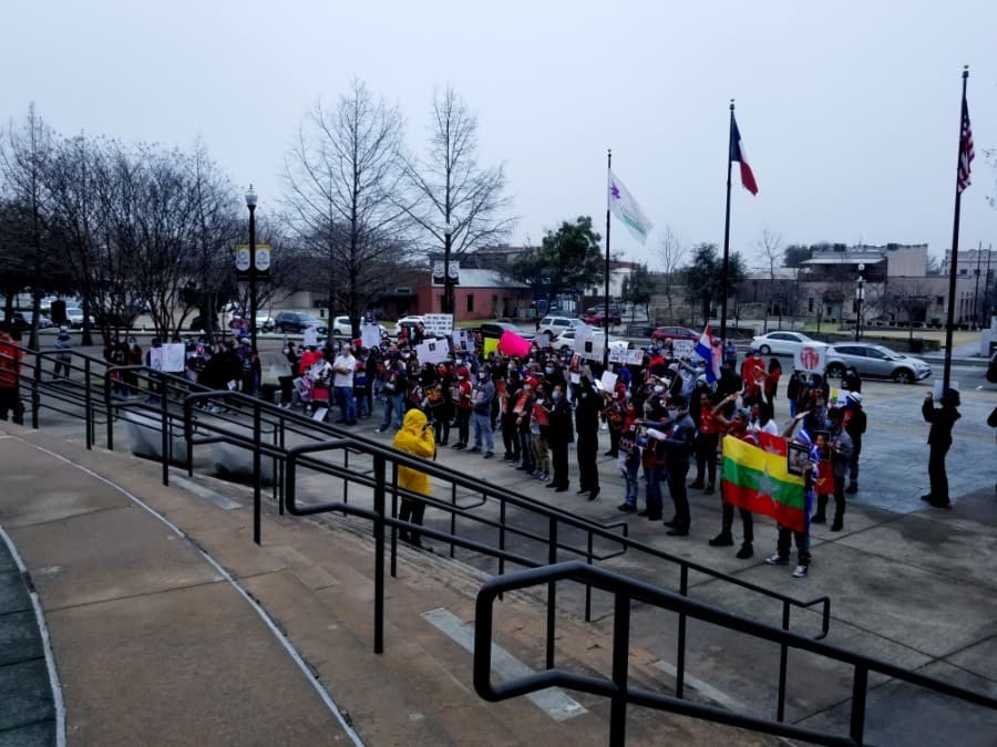The Feb. 27 protest at Lewisville City Hall attracted dozens of opponents of the Myanmar military's arrests of civilian leadership earlier that month. (Aubrey Galloway/Community Impact Newspaper)