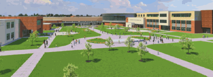 Wells Elementary School (left) will be connected to Middle School No. 20 with an outdoor learning courtyard. (Rendering courtesy IBI Group)