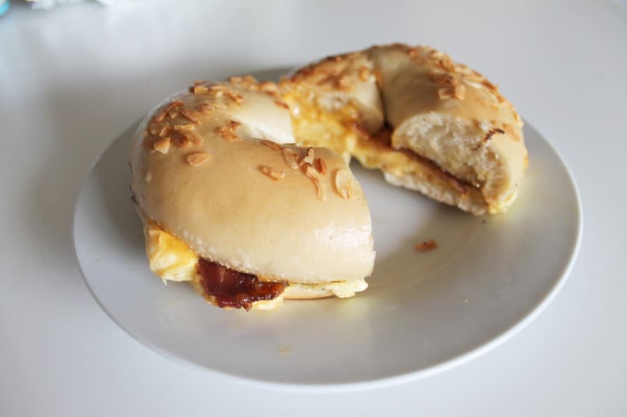 The classic bacon, egg and cheese ($4.69) is a popular bagel breakfast sandwich. (Andy Li/Community Impact Newspaper)