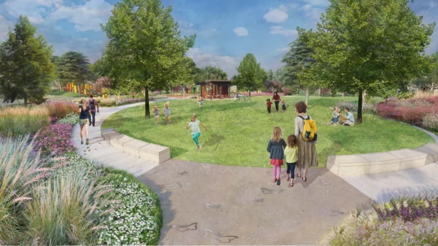 The new village will feature community gathering spaces such as parks. (Rendering courtesy Howard Hughes Corp.) 
