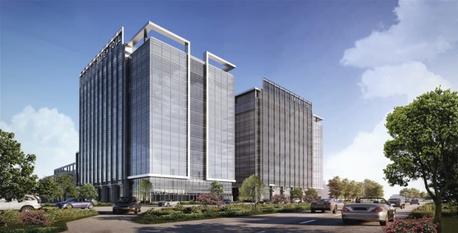 rendering of two tall office buildings