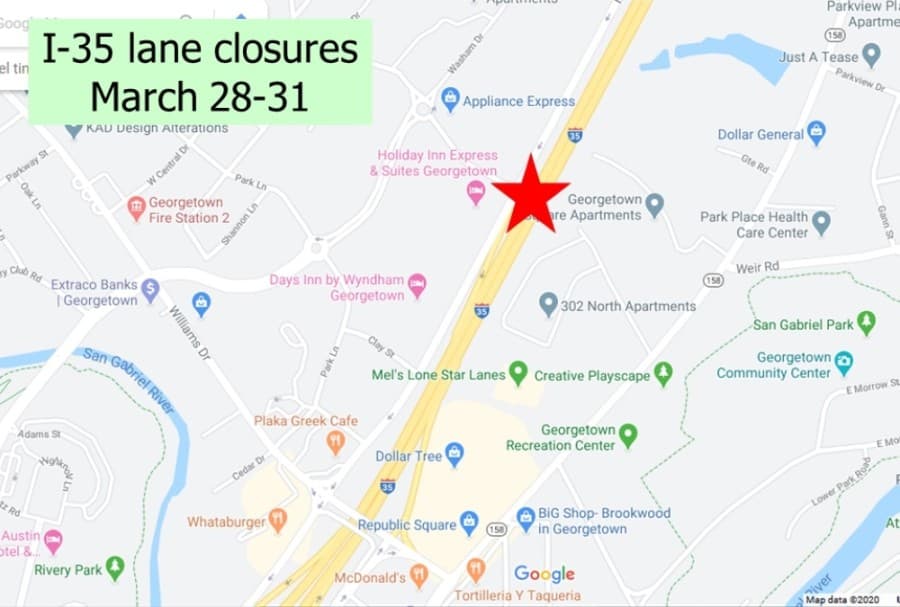 UPDATED: Portions of I-35 in Georgetown to close overnight March 28-April 1