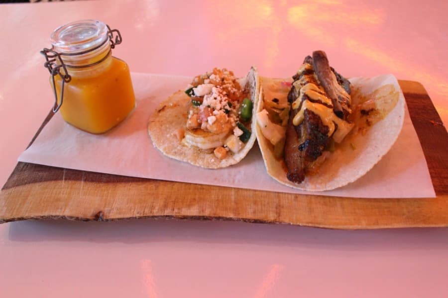 Rosarito grilled shrimp taco and carne asada taco ($5 each) are served with fresh made tortillas. (Andrew Christman/Community Impact Newspaper)