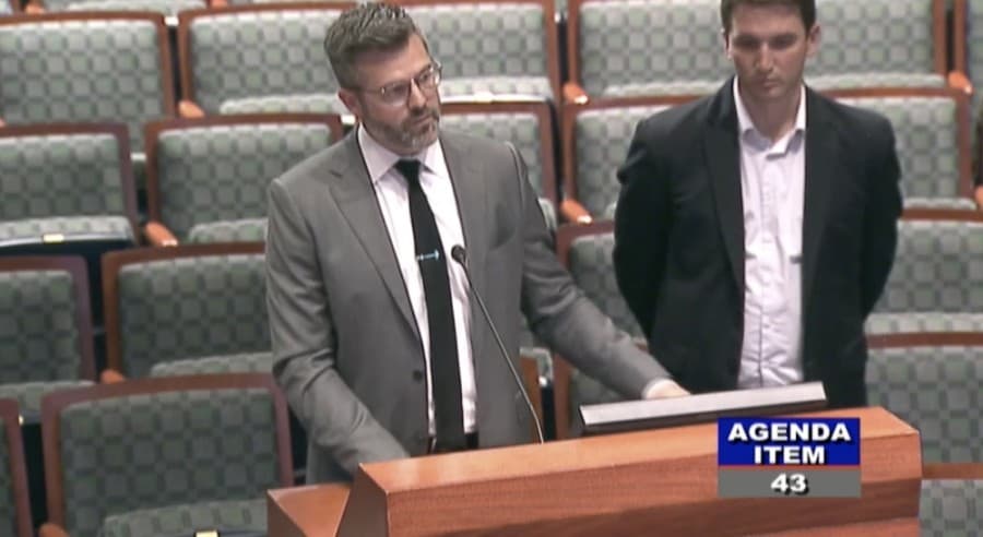 Clay Roby, a managing director at Stillwater Capital, presents information to Frisco City Council about the proposed development called The Link. (Screenshot courtesy city of Frisco)