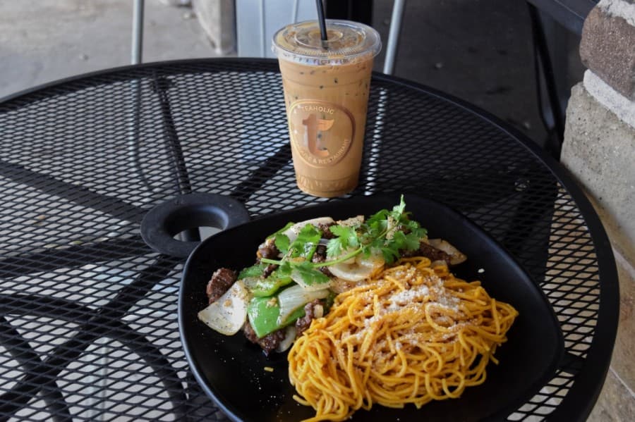 cup of coffee, noodles, filet mignon