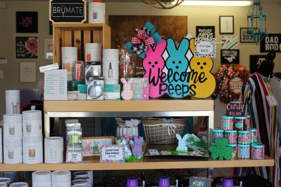 In addition to vinyl, That Vinyl Store sells cups and gift items. Ashcraft wants the store to be happy and colorful, she said. (Photos by Haley Morrison/Community Impact Newspaper)
