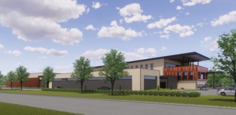 This rendering of Frisco ISD's first intermediate campus shows the view from Kickapoo Drive. (Courtesy Huckabee)