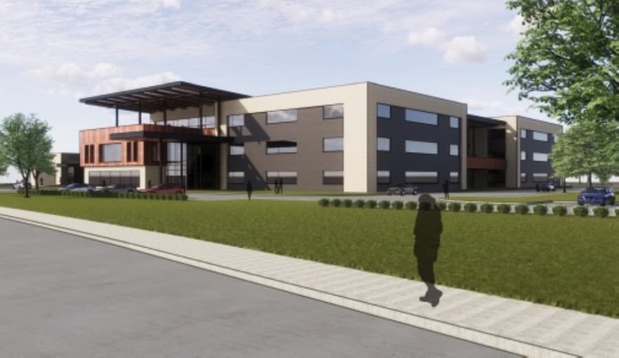 This rendering of Frisco ISD's first intermediate campus shows the view from southbound Alma Road. (Courtesy Huckabee)