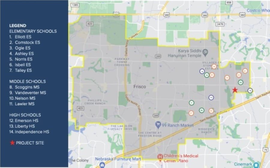 This map shows the location of the new intermediate school in proximity to Frisco ISD's existing campuses. (Courtesy Huckabee)