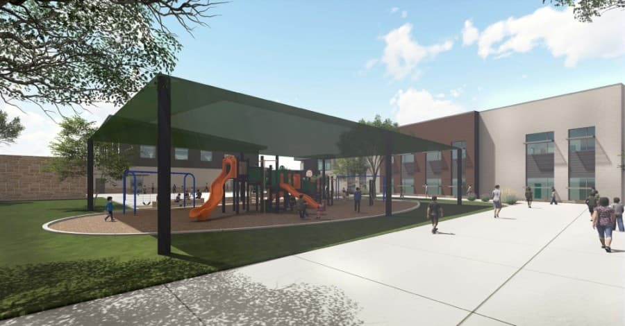 The courtyard includes a covered playscape. (Rendering courtesy PBK)