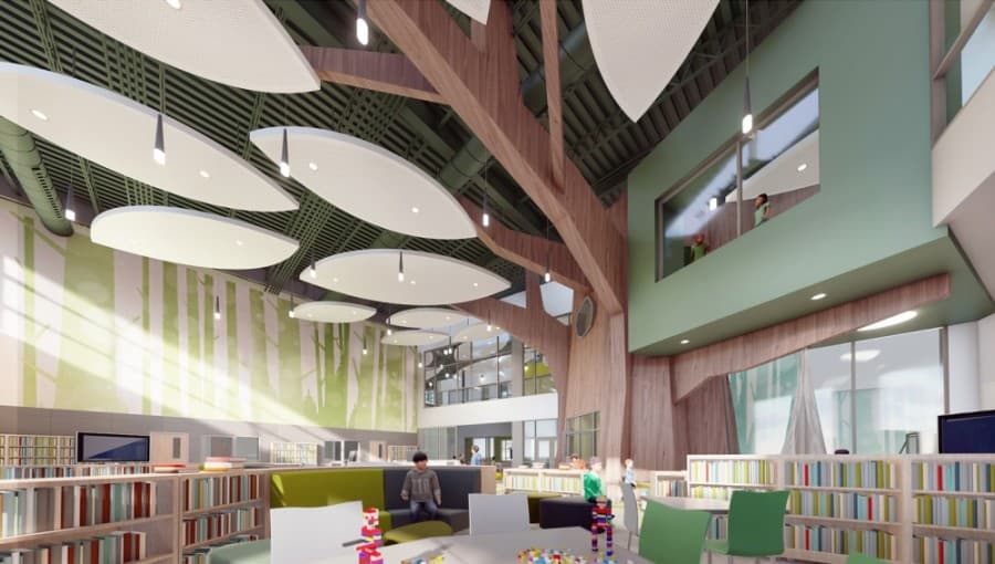 A massive tree was incorporated into the design of the media center. (Rendering courtesy PBK)