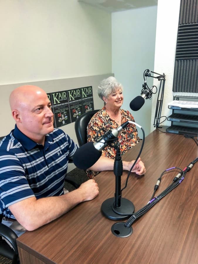 Mark Linabury and Bobbi Bodenhamer from the Greater East Montgomery County Chamber of Commerce sit down for an interview at Radio KAIR. (Courtesy Radio KAIR)
