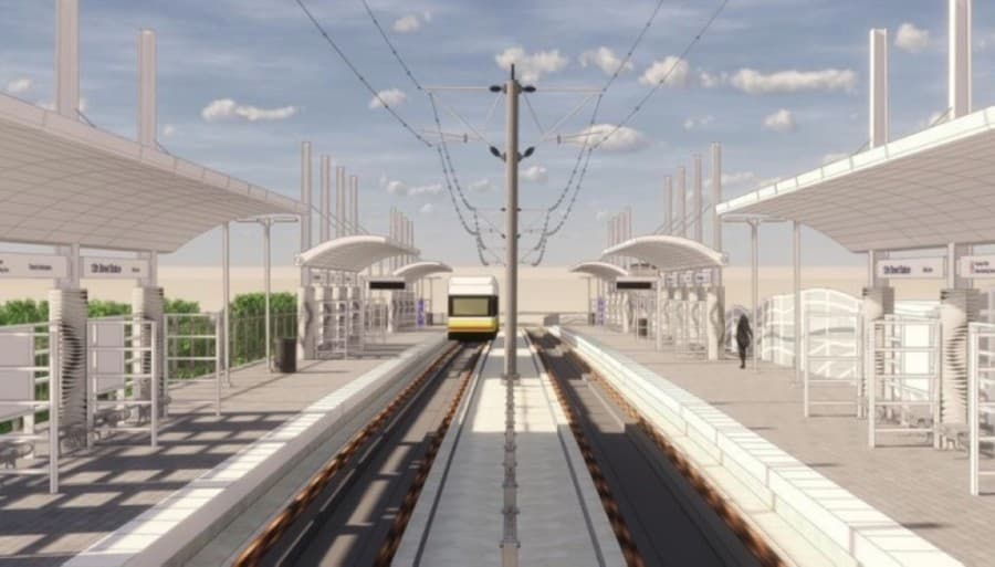 This rendering shows a concept for the 12th Street aerial light rail station being designed in Plano. (Courtesy Dallas Area Rapid Transit)
