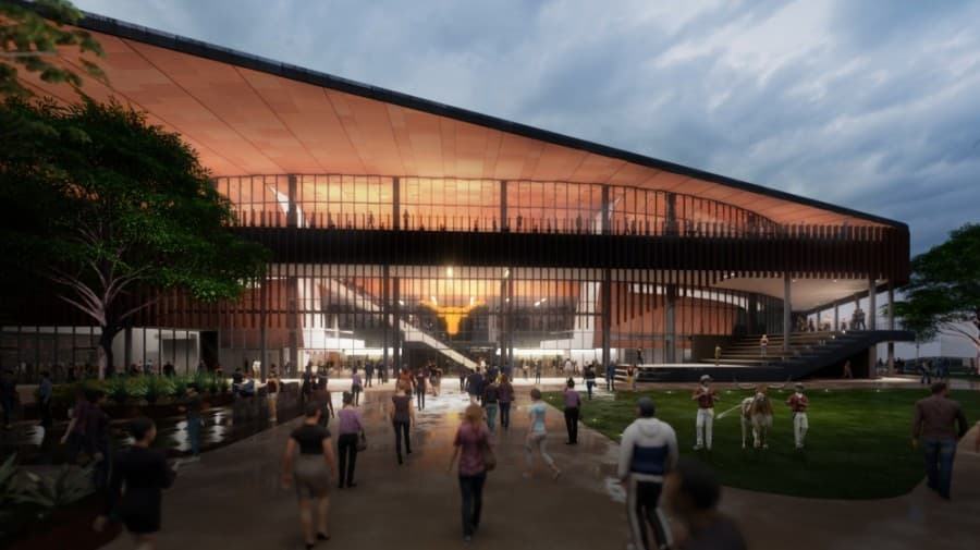 A rendering of the front plaza of the Moody Center. (Rendering Courtesy the Moody Center)