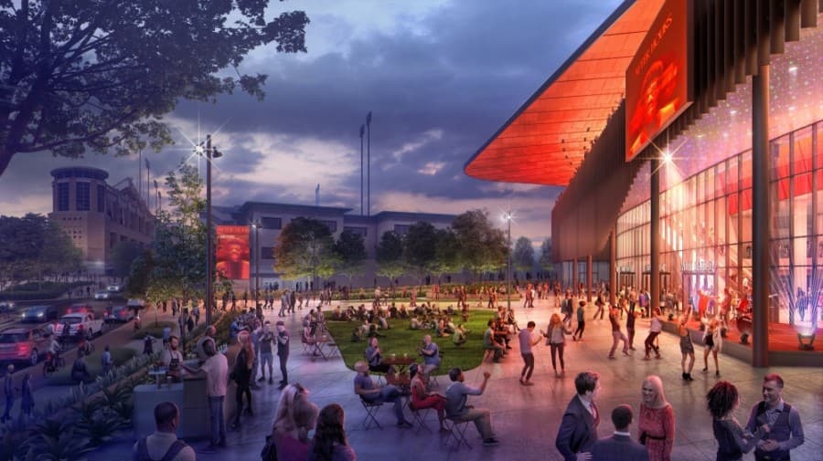 A rendering of the front plaza of the Moody Center. (Rendering Courtesy the Moody Center)