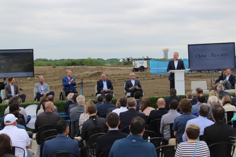 Frisco Mayor Jeff Cheney welcomes the governor to Frisco and discussed the history of securing the PGA Headquarters in Frisco. (Miranda Jaimes/Community Impact Newspaper)