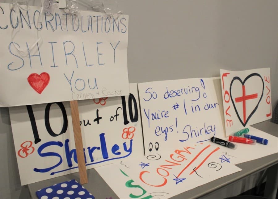 Signs were made by staff and patients to show their appreciation to Shirley Roberts. (Sandra Sadek/Community Impact Newspaper)