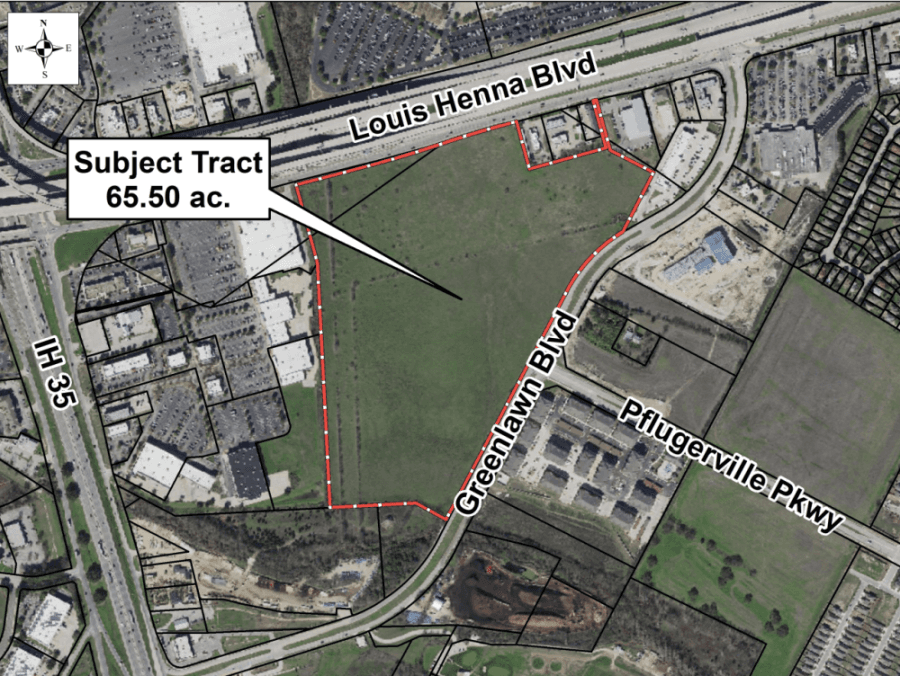 The currently undeveloped 65.5 acres is situated south of SH 45 and north of Greenlawn Boulevard and is zoned as a C-1 general commercial lot. (Courtesy city of Round Rock)