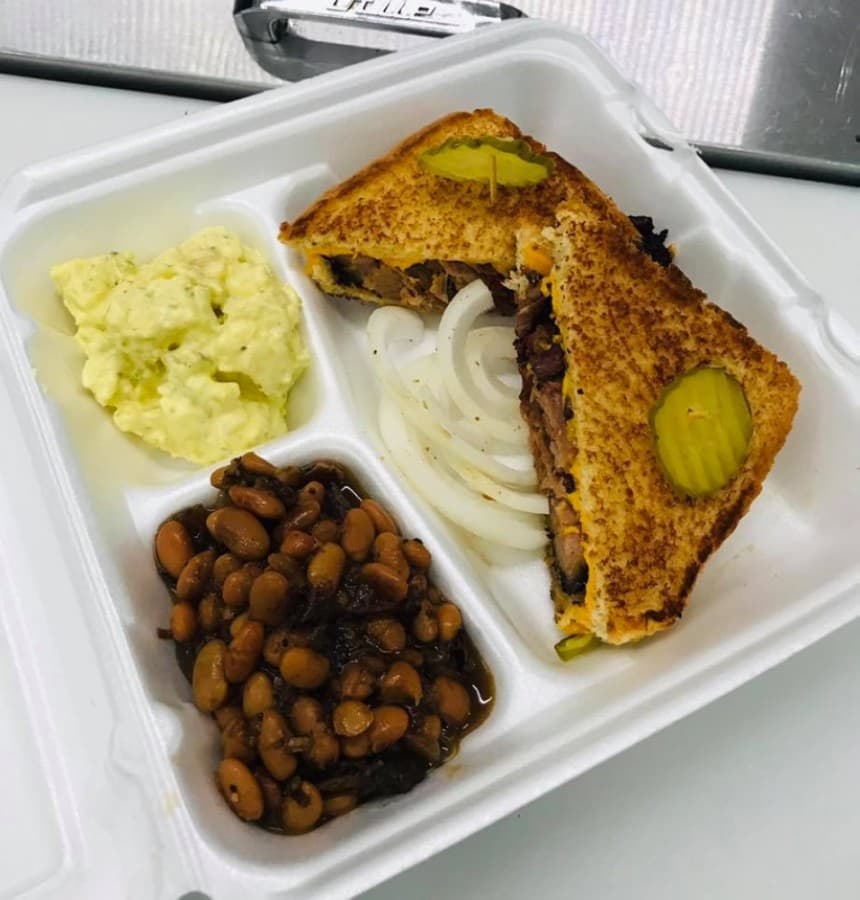 Popular items include brisket grilled cheese sandwich with sides such as brisket baked beans and potato salad. (Courtesy CT's Sweets N Meats)
