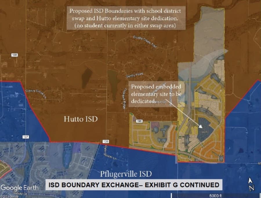 A map shows the current Hutto ISD and Pflugerville ISD lines. (Courtesy Tiemann Land and Cattle Development Inc.)