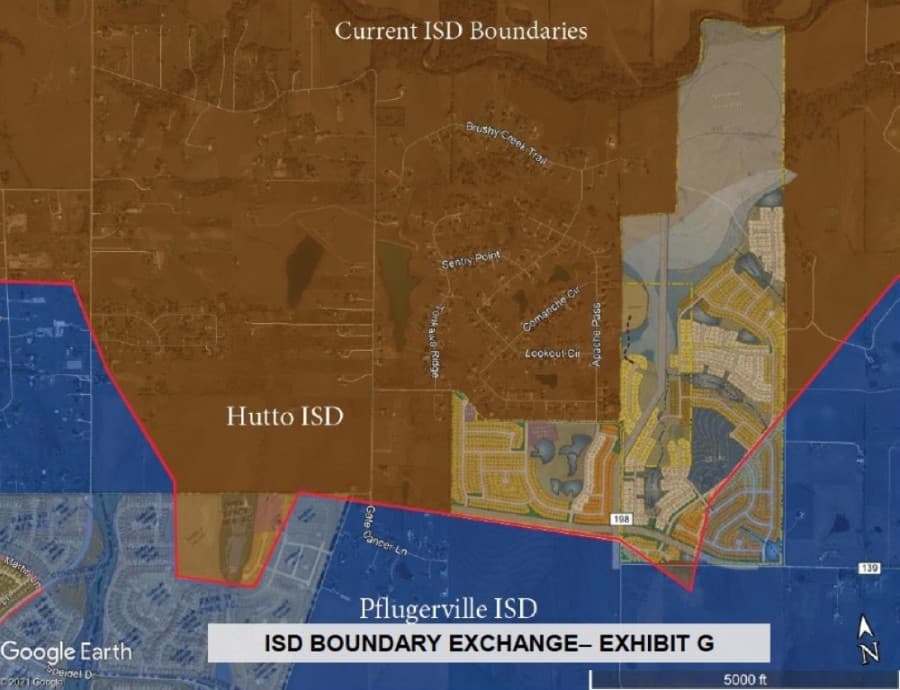 A map shows the proposed exchanged Hutto ISD and Pflugerville ISD lines. (Courtesy Tiemann Land and Cattle Development Inc.)