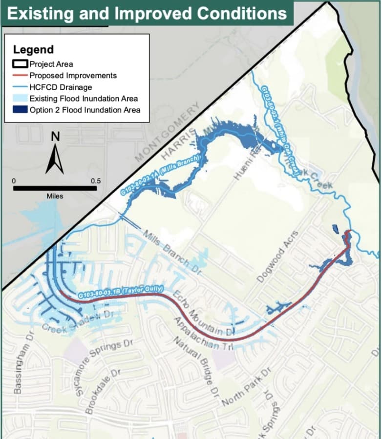 Consultants said Taylor Gully does not currently have the capacity to handle 100-year storm events. (Screenshot courtesy Harris County Flood Control District)
