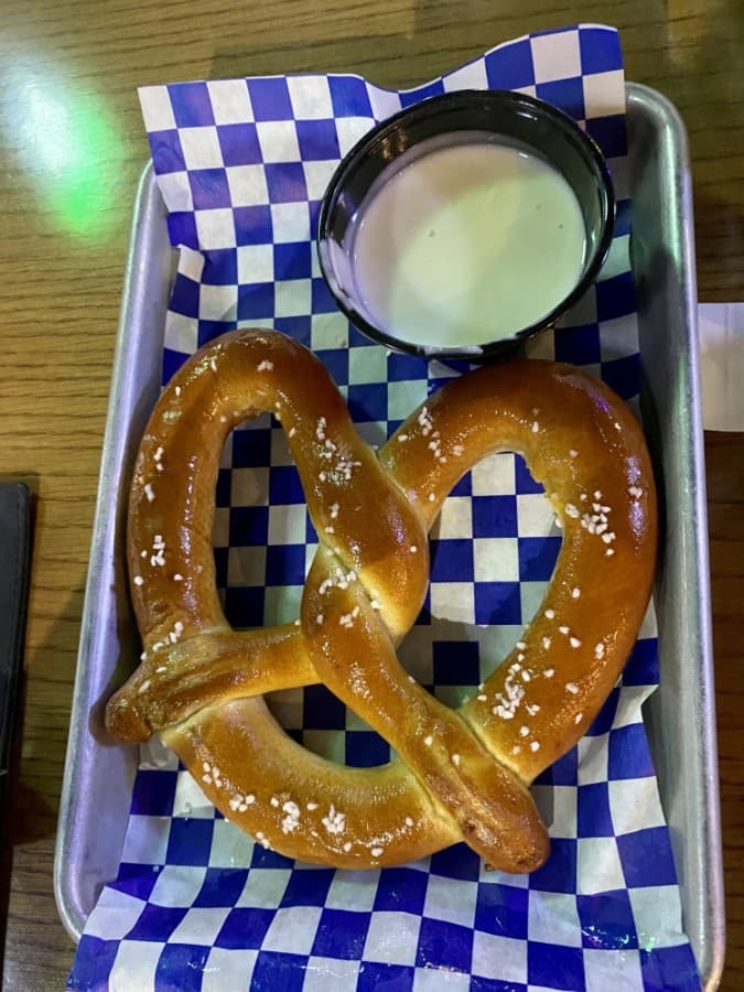 Jumbo Soft Baked Pretzel with Queso ($4.50) is among the appetizers at Tavern on the Plaza. (Yvonne Brown/Community Impact Newspaper)