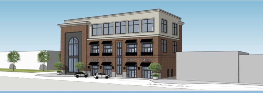 The first floor of the proposed project will consist of commercial space, while the second floor will include office space, and the third floor will be an events space. (Rendering courtesy Nack Development)