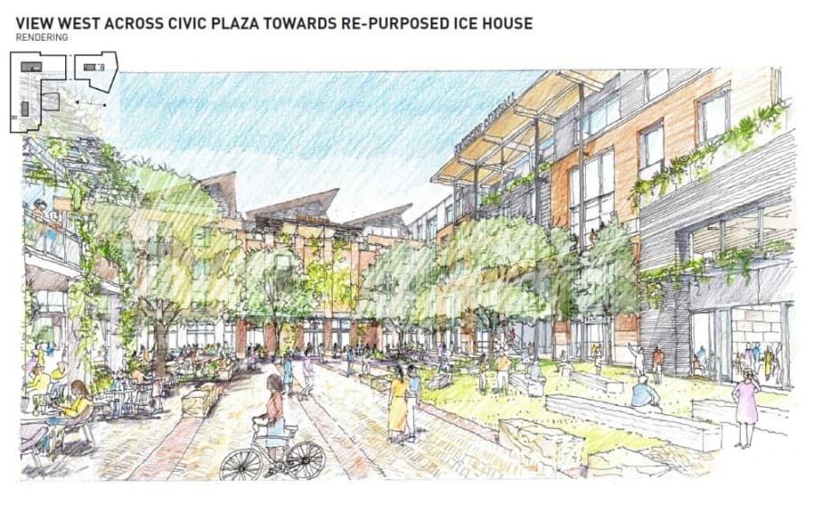 This rendering shows the community plaza and some of the amenities the community will have access to, such as a future cafe. (Rendering courtesy city of McKinney)