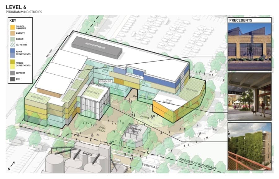 This illustration shows the McKinney Municipal Community Complex with all five floors plus the roof, as well as some inspiration pieces. (Rendering courtesy city of McKinney)