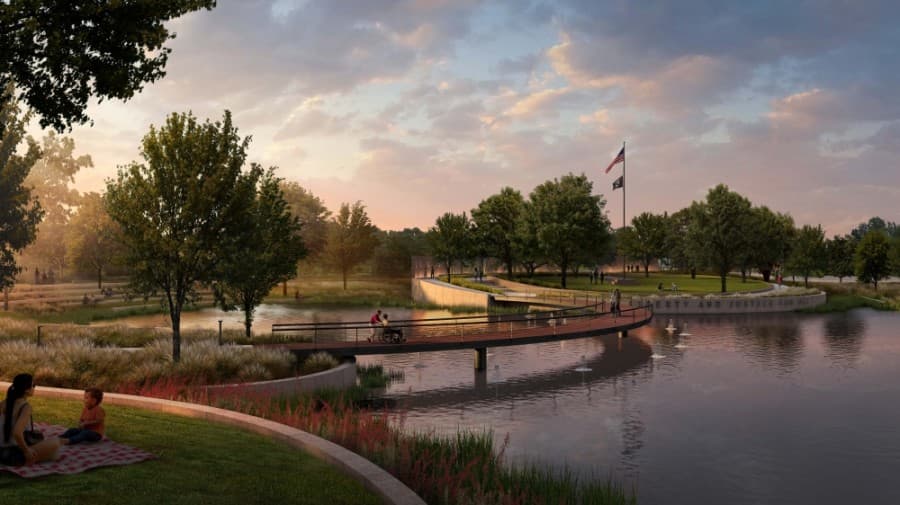 Heroes Memorial Park will cover 5-acres of the district. (Rendering courtesy Nudge Design and Momark Development)