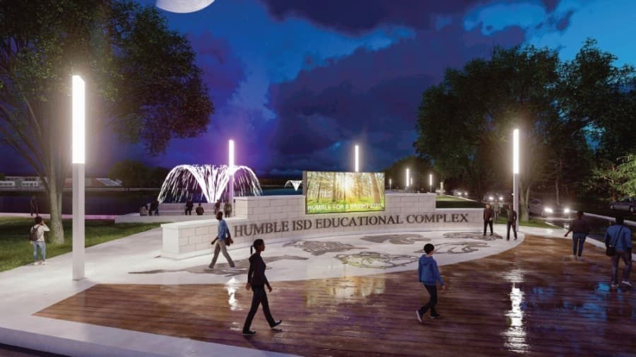 The wet-bottom detention basin could feature lights that change colors to coordinate with school colors. (Courtesy Humble ISD)