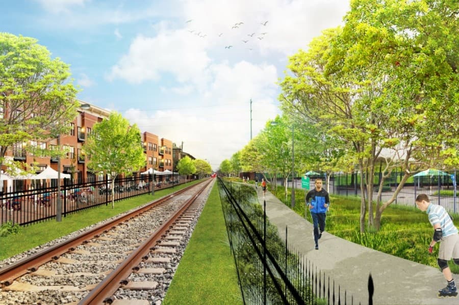 A Winter Street promenade concept would provide a walkable/bikeable path between Henderson and Sawyer streets. (Rendering courtesy Old Sixth Ward TIRZ)