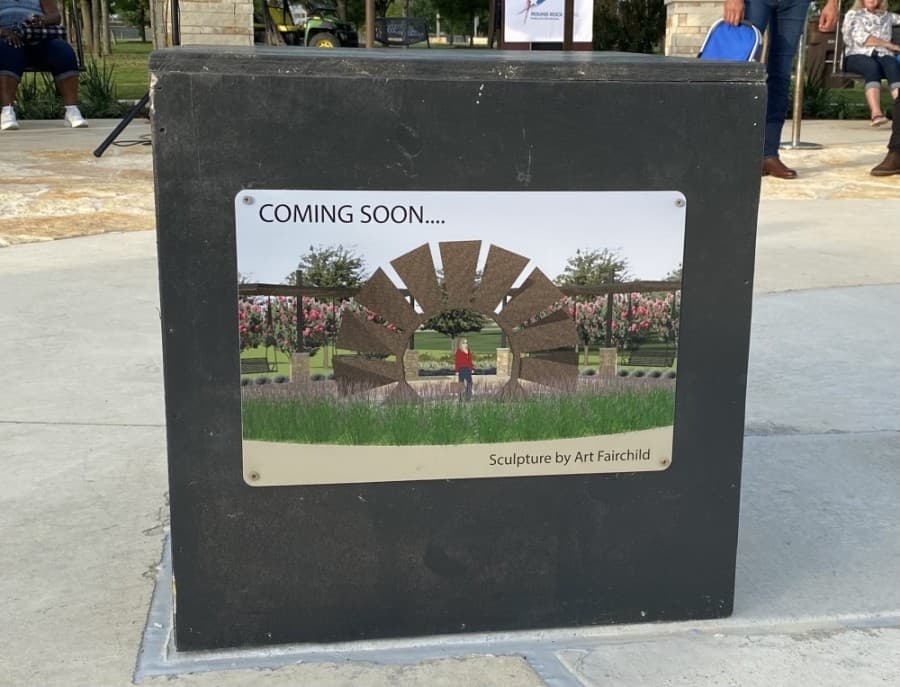 An additional sculpture by Art Fairchild, a vertical metal windmill that will be located in the center of the park, will be installed at a later date. (Brooke Sjoberg/Community Impact Newspaper)