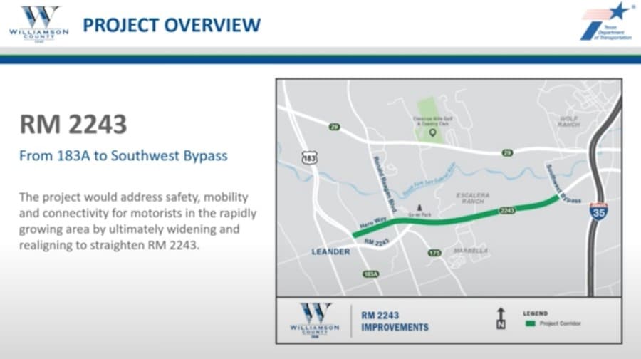 Williamson County, TxDOT collecting feedback on RM 2243 project from Leander to Georgetown