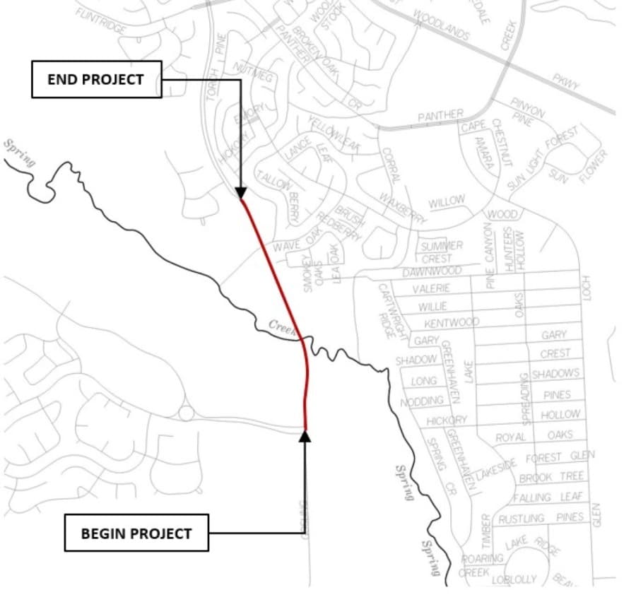 Work planned on Gosling Road will include both the Harris County and Montgomery County sides of the road as well as work on the bridge. (Courtesy Montgomery County Precinct 3)