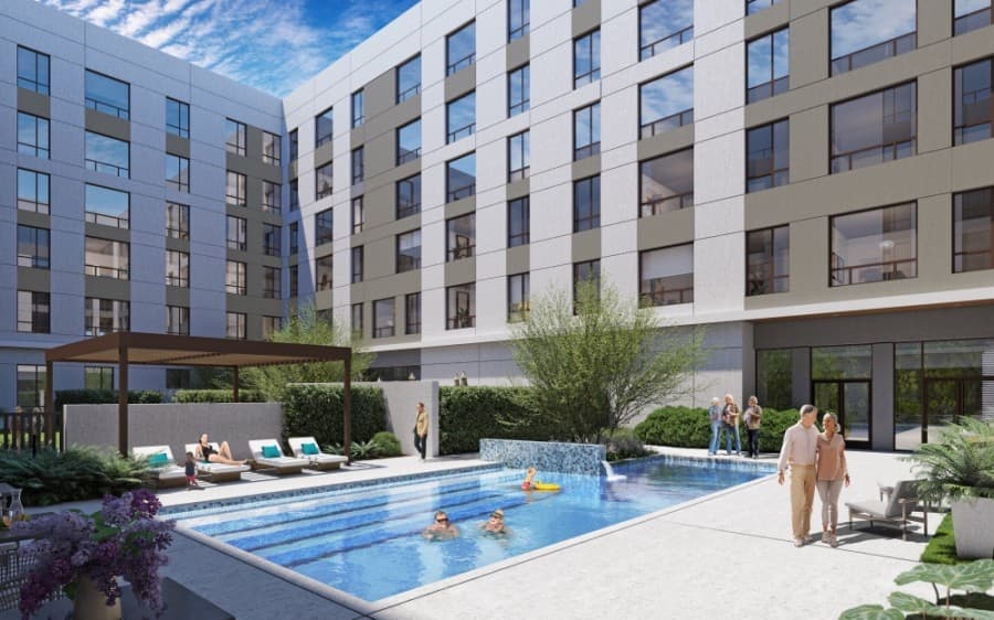 An outdoor heated swimming pool will be next to a courtyard and therapy garden. (Courtesy Watermark Retirement Communities)