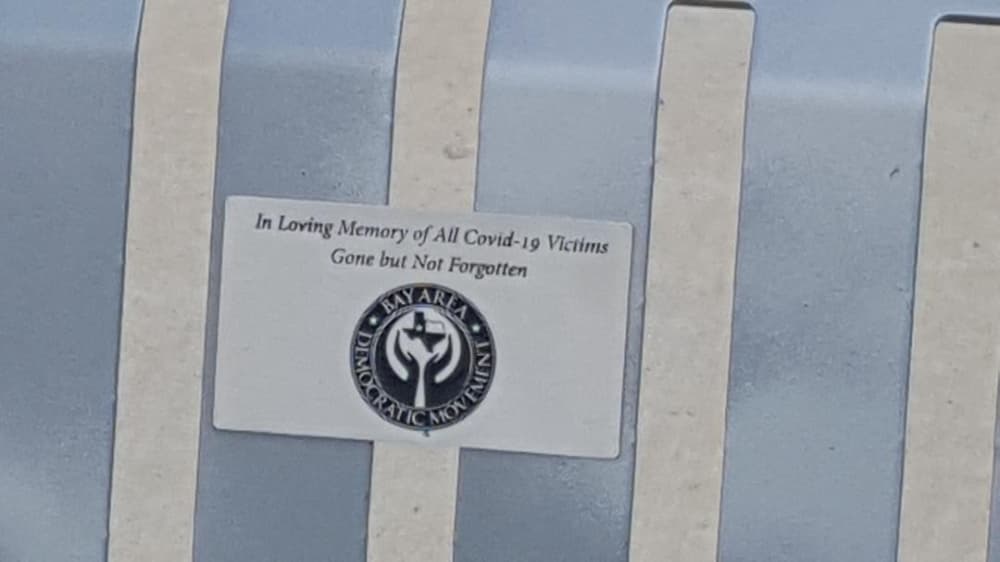 The text on the plaque reads: "In Loving Memory of All Covid-19 Victims, Gone but Not Forgotten." (Courtesy of Mohammed Nasrullah)