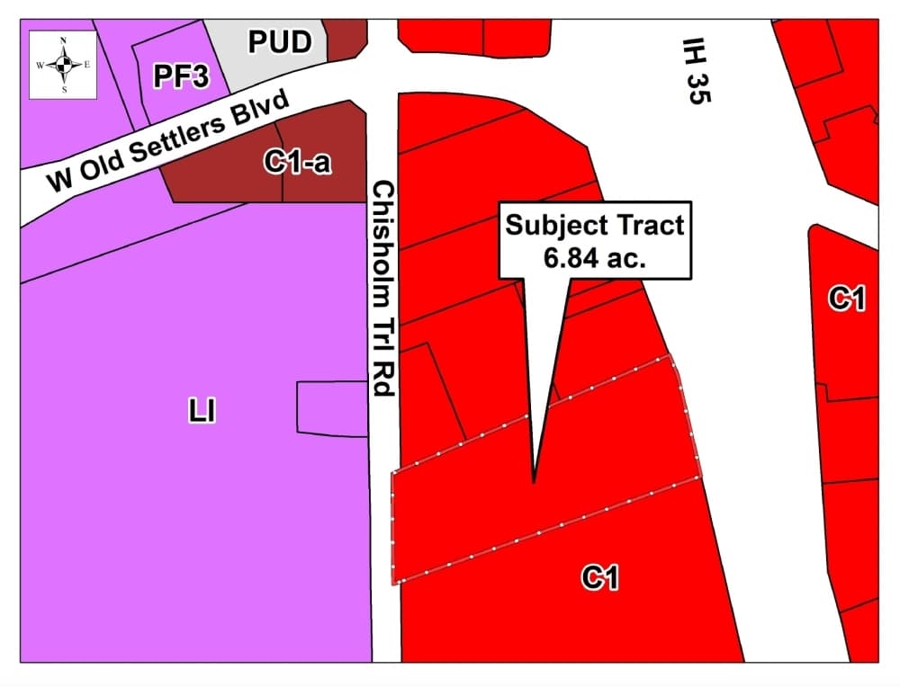 A 6.84-acre tract of land off of Chisholm Trail Road is being considered for rezoning to allow for a PUD called Round Rock Lofts. The development would bring a minimum of 45 units of housing and 10,000 square feet of commercial space. (Courtesy City of Round Rock)