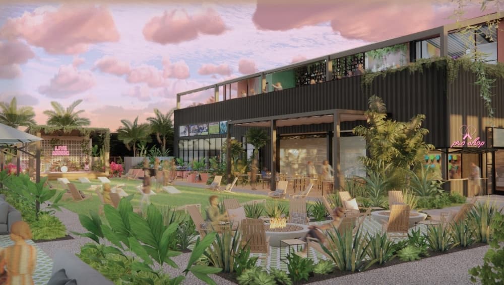 The 4.6-acre pickleball-themed complex will have 12 pickleball courts and a two-story restaurant with a large patio and rooftop bar. (Courtesy Electric Pickle)