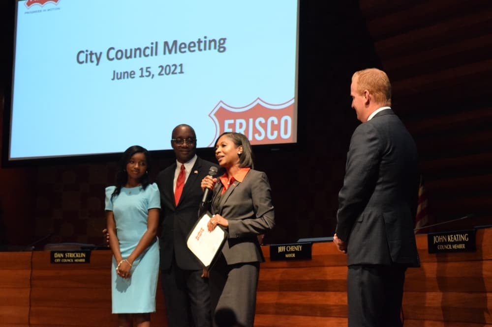 Councilwoman Angelia Pelham delivers a speech after being sworn in to Frisco City Council. (Matt Payne/Community Impact Newspaper)