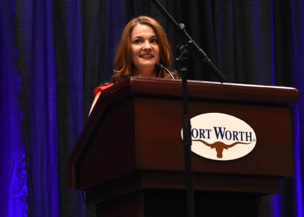 New councilmember Elizabeth M. Beck addresses the crowd. (Steven Ryzewski/Community Impact Newspaper)