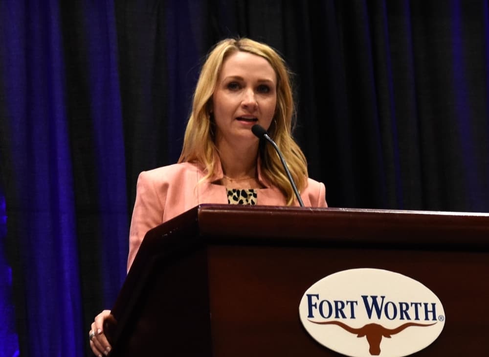 Mattie Parker addresses the crowd at the Fort Worth Convention Center. (Steven Ryzewski/Community Impact Newspaper)