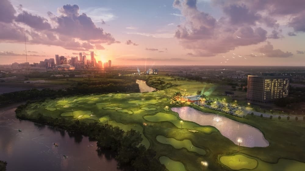 Golf course, restaurant coming on bank of Buffalo Bayou