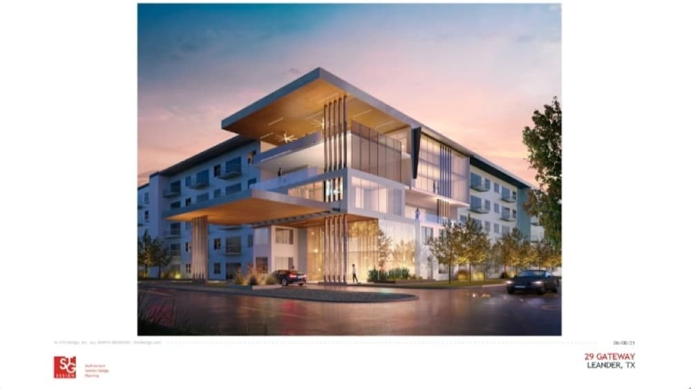 Part of the development is a high-end apartment complex with a rooftop pool. (Screenshot courtesy city of Leander)