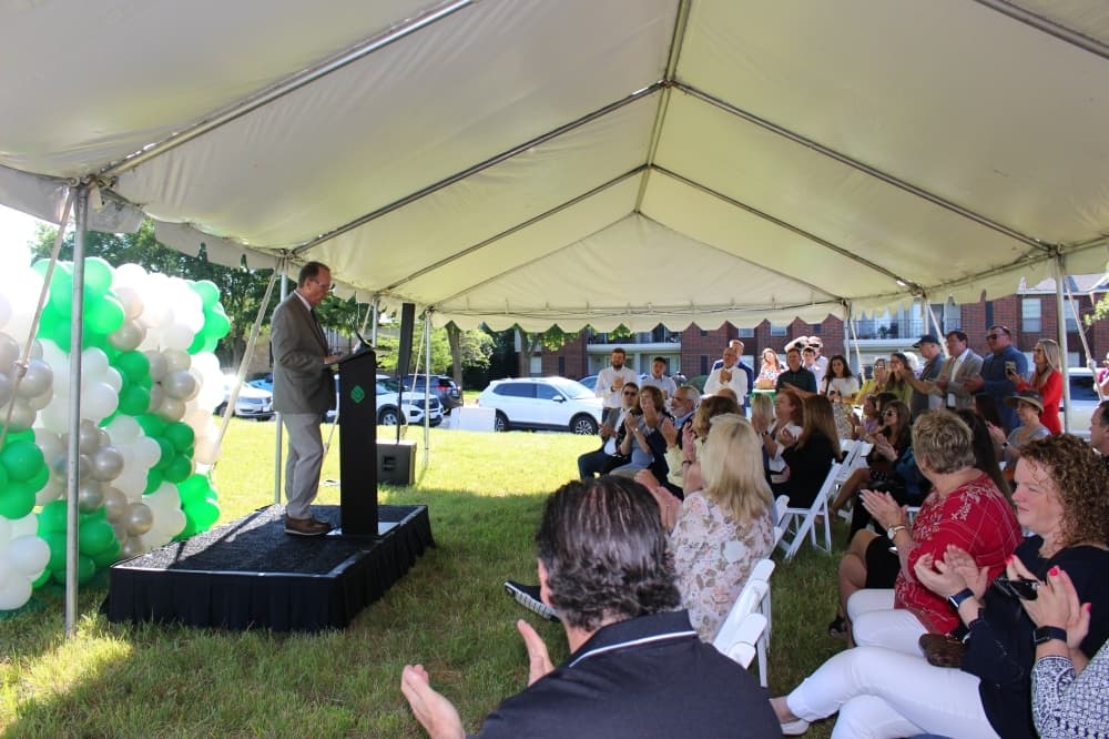 James Williams, senior vice president of design and construction at KDC, addresses those in attendance at the groundbreaking ceremony. (Miranda Jaimes/Community Impact Newspaper)