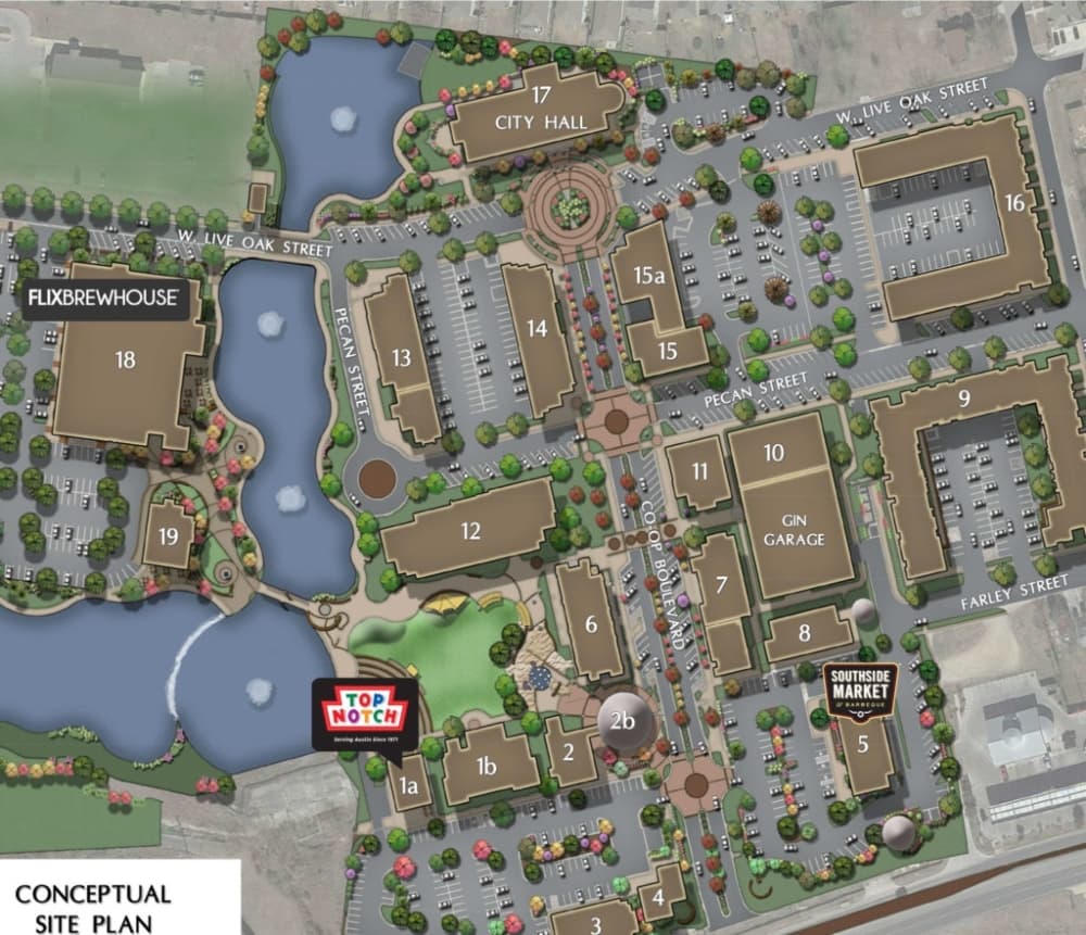 MA Partners presented a layout of the Co-Op District with a Flix Brewhouse, Top Notch Hamburgers and a Southside Market & Barbeque in May 2019. (Courtesy MA Partners)