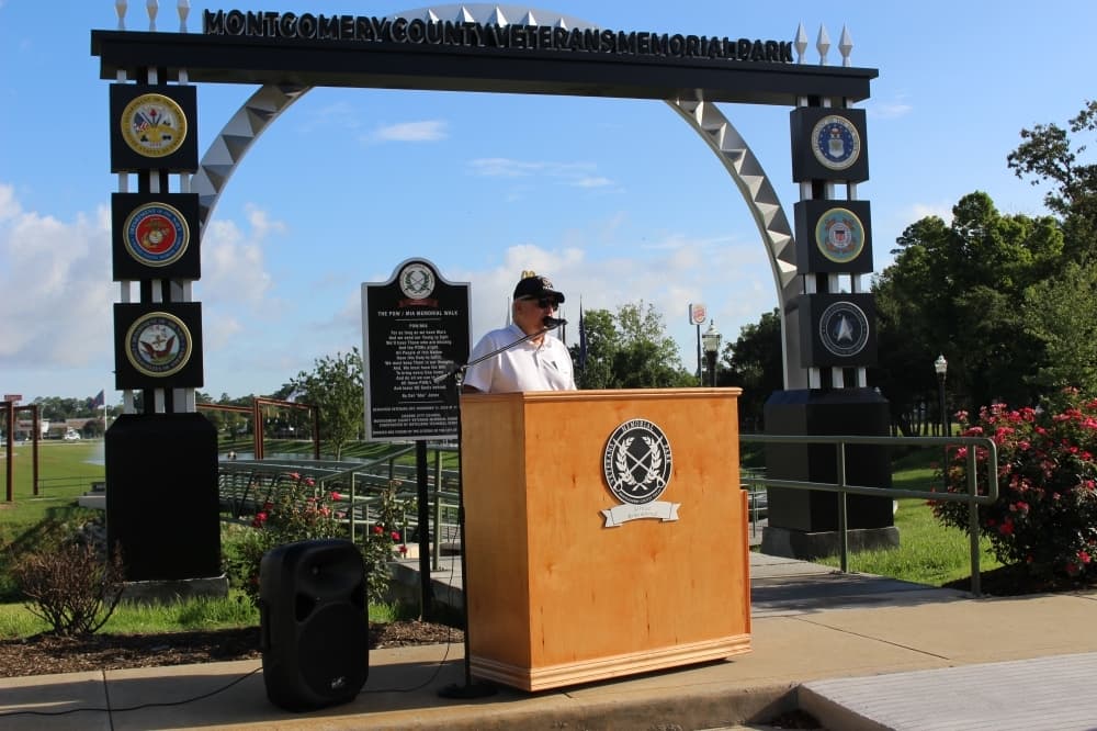 Jimmie Edwards, chair of the Montgomery County Veterans Memorial Commission, thanked Metcalf for his work in securing the funding. (Chandler France/Community Impact Newspaper)